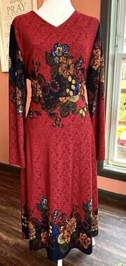 Vicky And Lucas Dress Sz Lg Burgandy Damask Rosette Floral Office Artsy Church